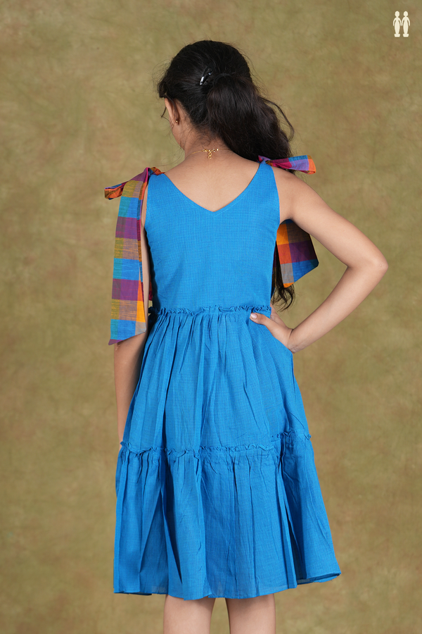 Shoulder Tie Design Blue Cotton Frock