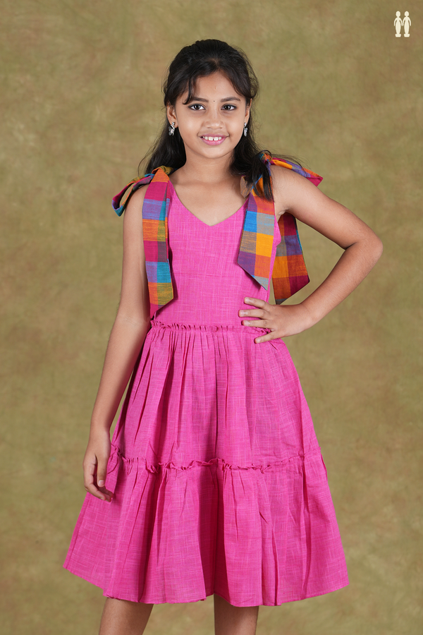 V- Neck Shoulder Tie Up Pink Cotton Frock