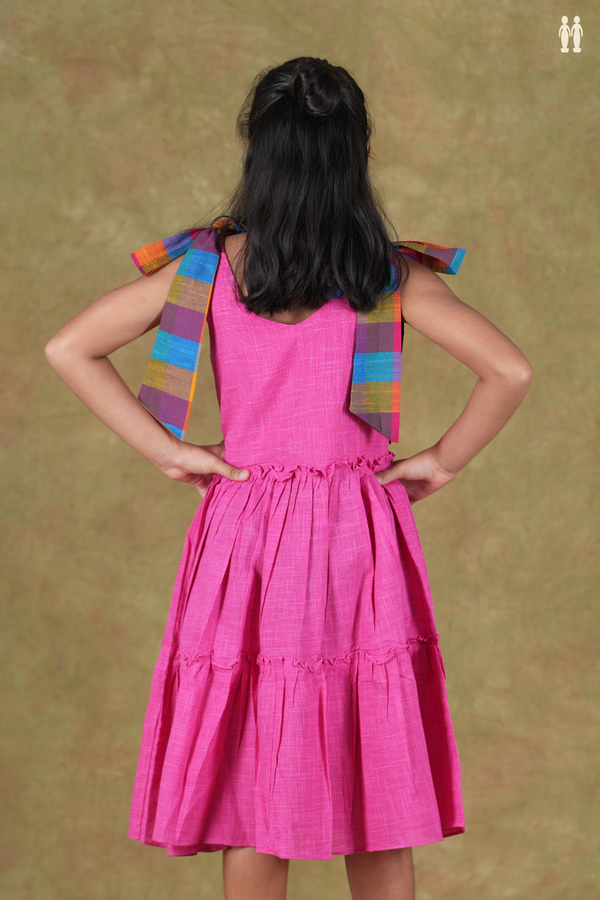V- Neck Shoulder Tie Up Pink Cotton Frock