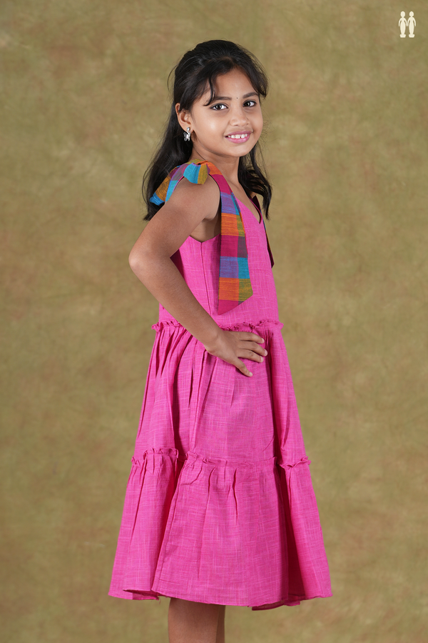V- Neck Shoulder Tie Up Pink Cotton Frock