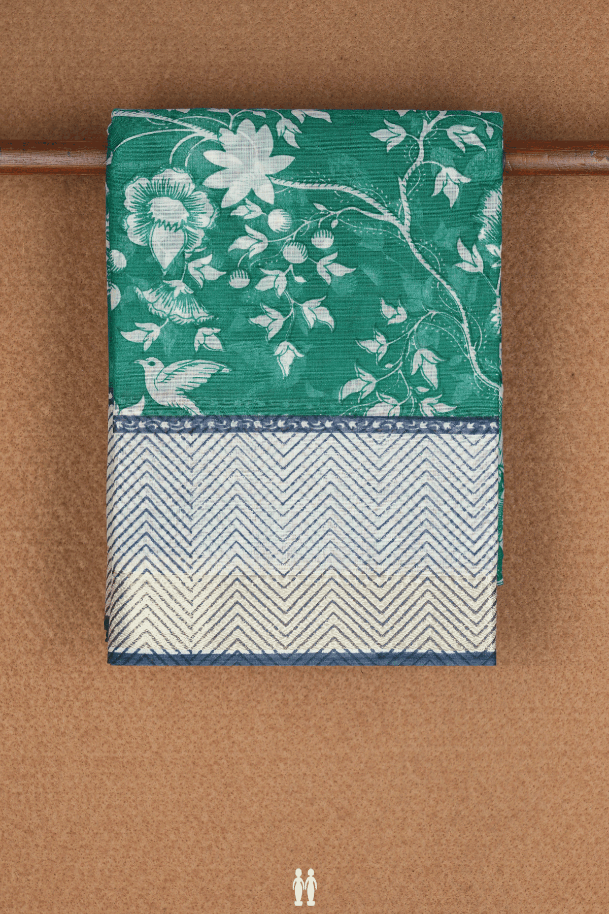 Floral And Birds Design Bold Green Printed Cotton Saree