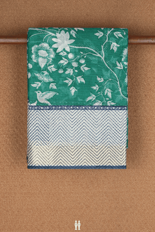 Floral And Birds Design Bold Green Printed Cotton Saree