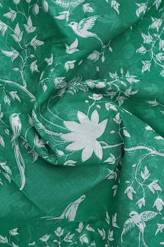 Floral And Birds Design Bold Green Printed Cotton Saree
