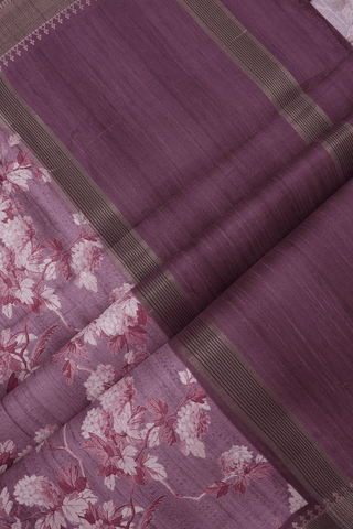 Floral And Birds Design Dusty Purple Semi Tussar Silk Saree