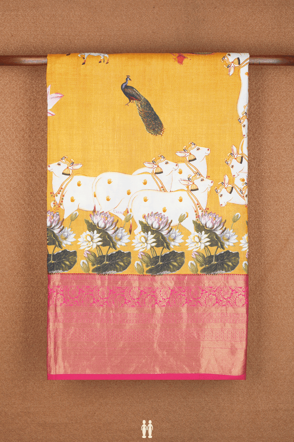 Floral And Cow Printed Design Yellow Kanchipuram Silk Saree