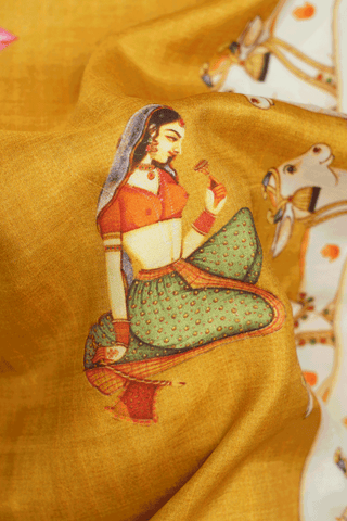 Floral And Cow Printed Design Yellow Kanchipuram Silk Saree