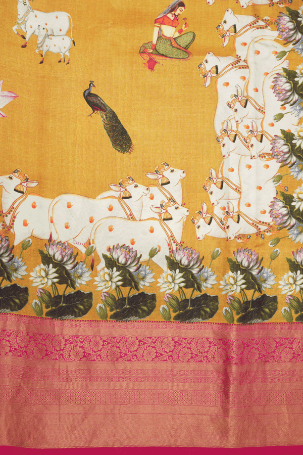 Floral And Cow Printed Design Yellow Kanchipuram Silk Saree