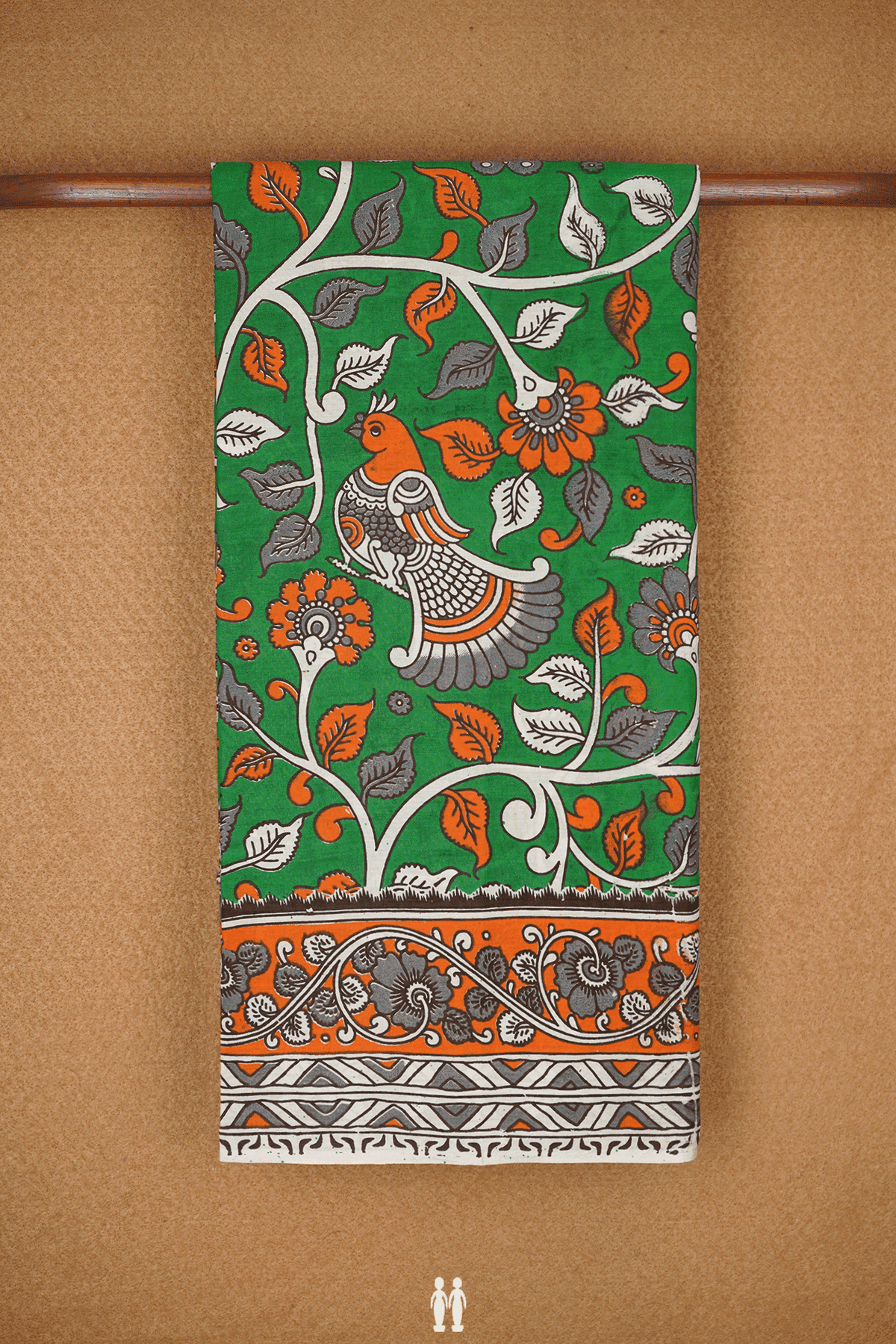 Floral And Peacock Design Bold Green Kalamkari Cotton Saree
