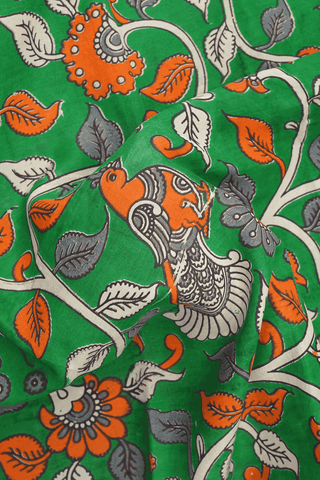 Floral And Peacock Design Bold Green Kalamkari Cotton Saree