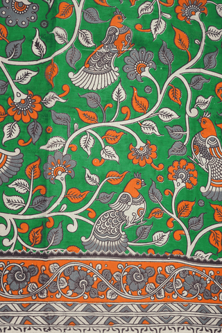 Floral And Peacock Design Bold Green Kalamkari Cotton Saree