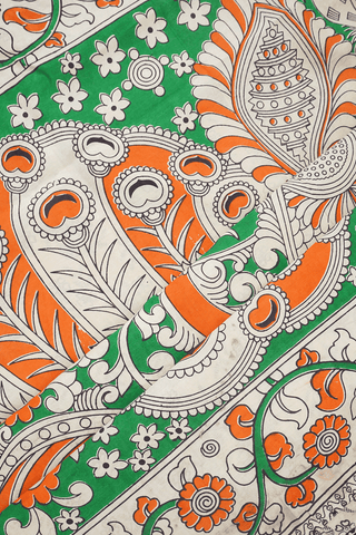 Floral And Peacock Design Bold Green Kalamkari Cotton Saree