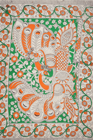 Floral And Peacock Design Bold Green Kalamkari Cotton Saree