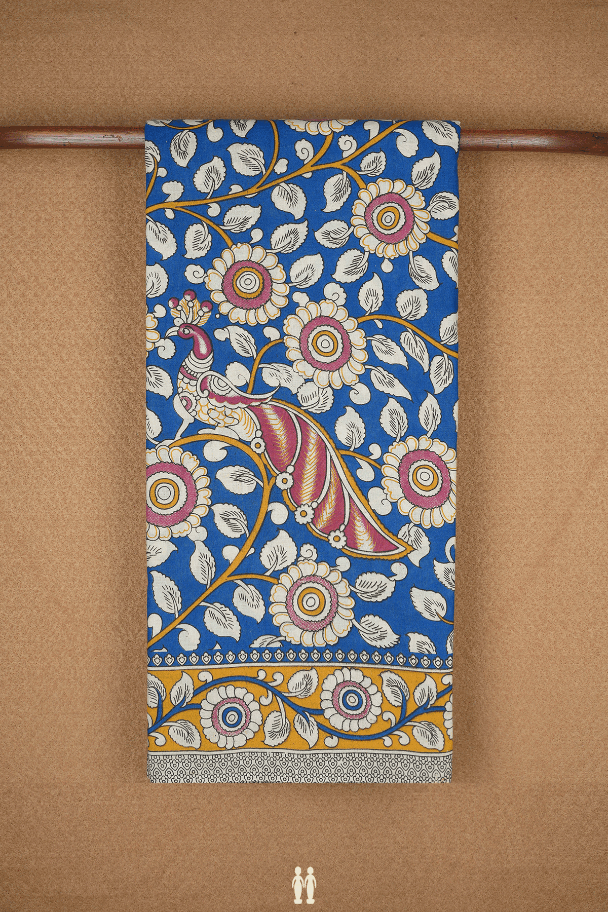 Floral And Peacock Design Royal Blue Kalamkari Cotton Saree