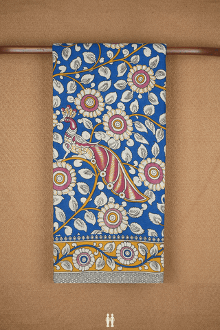 Floral And Peacock Design Royal Blue Kalamkari Cotton Saree