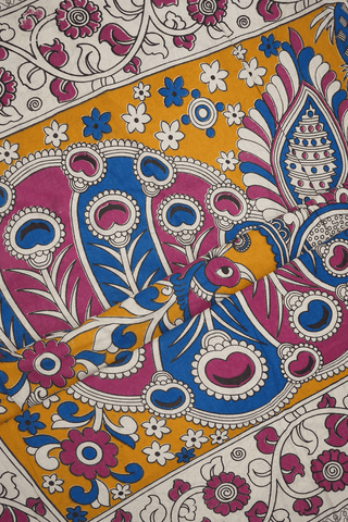 Floral And Peacock Design Royal Blue Kalamkari Cotton Saree