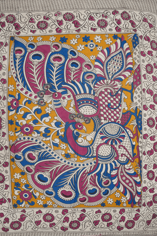 Floral And Peacock Design Royal Blue Kalamkari Cotton Saree