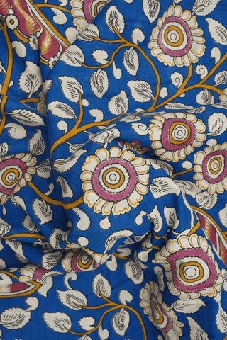 Floral And Peacock Design Royal Blue Kalamkari Cotton Saree