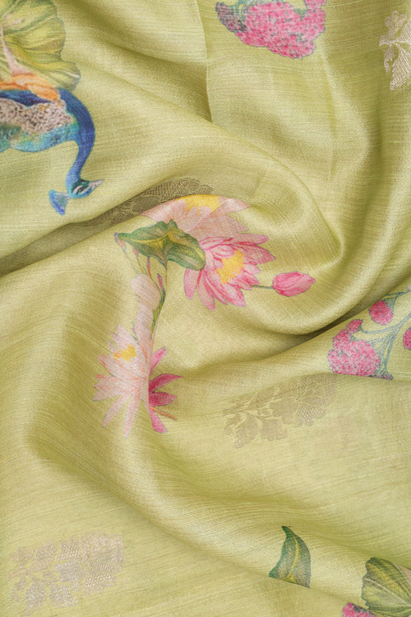 Floral And Peacock Printed Design Green Tussar Silk Dupatta
