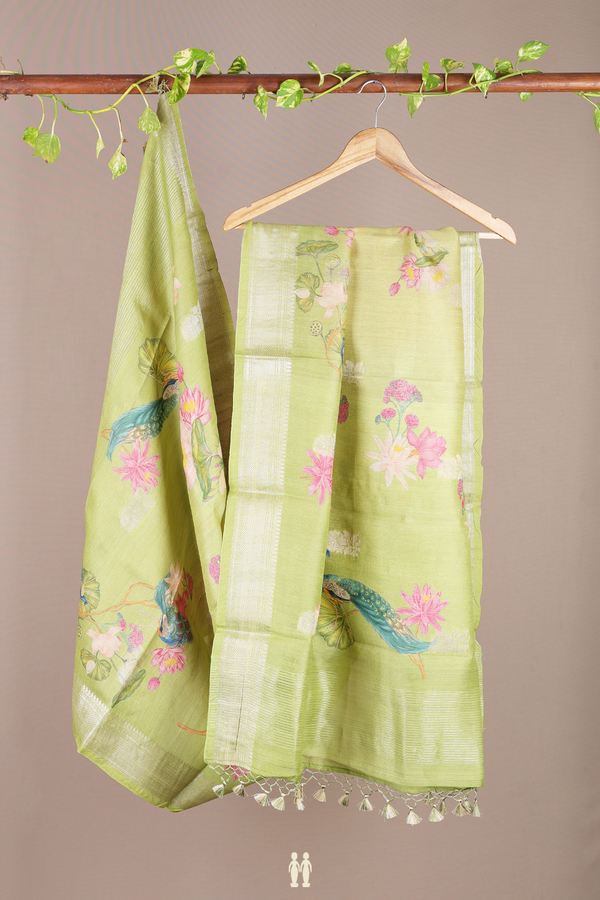 Floral And Peacock Printed Design Green Tussar Silk Dupatta