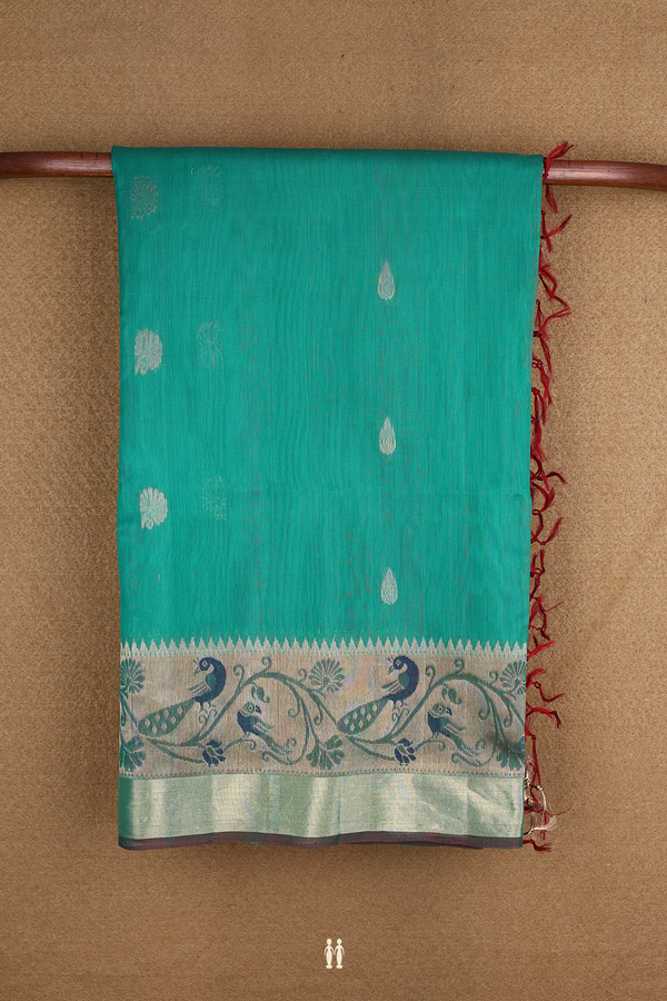Floral And Thilagam Motifs Sea Green Kora Silk Cotton Saree