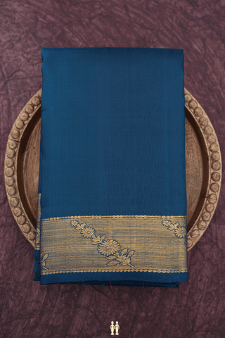 Floral Border Plain Prussian Blue Kanchipuram Silk Saree