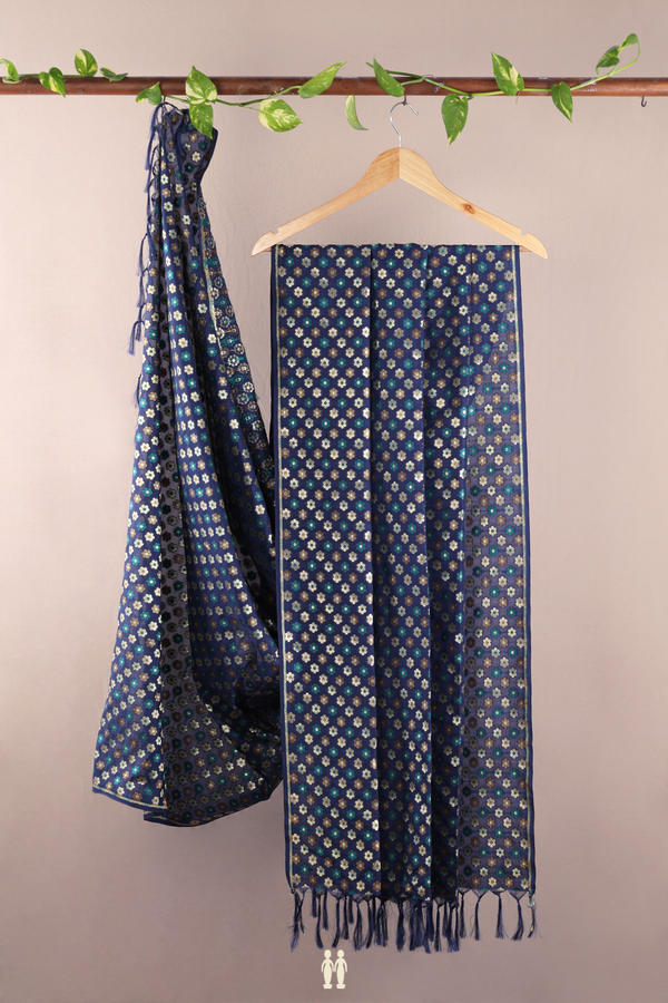 Floral Buttas Navy Blue Banarasi Silk Dupatta