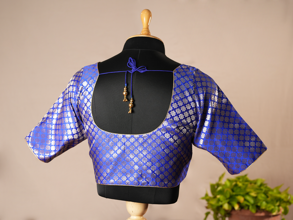 Floral Buttas Royal Blue Semi Banarasi Silk Readymade Blouse