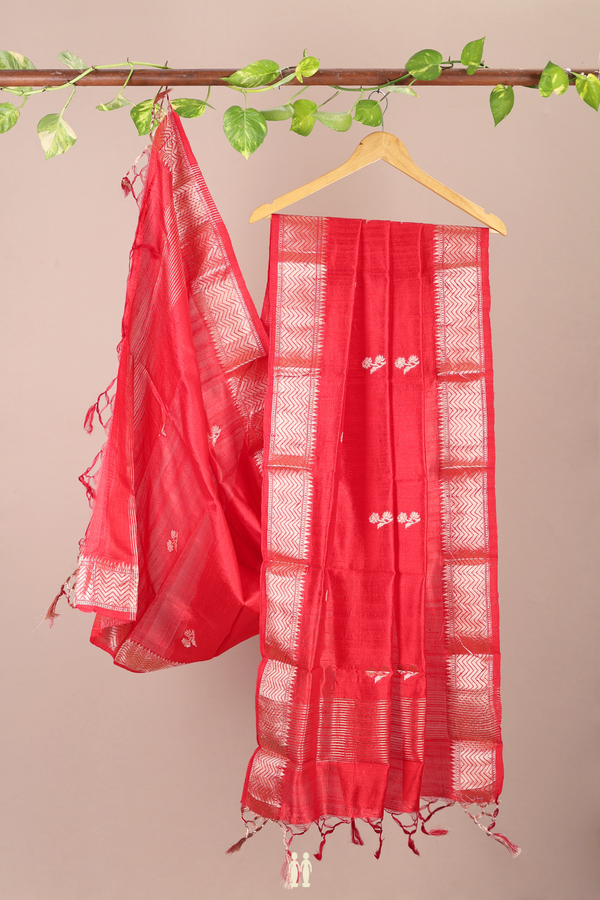 Floral Buttas Scarlet Red Raw Silk Dupatta