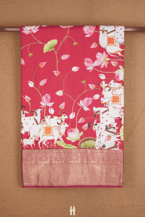 Floral Cow Printed Design Blush Red Kanchipuram Silk Saree