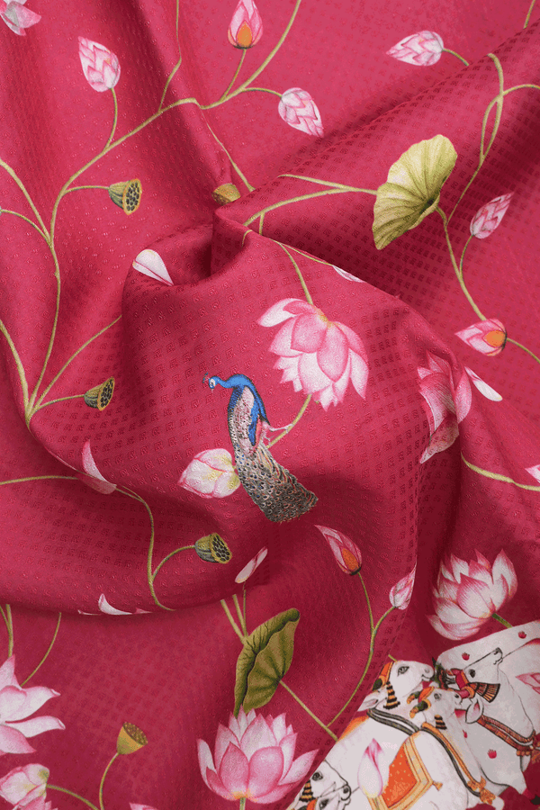 Floral Cow Printed Design Blush Red Kanchipuram Silk Saree