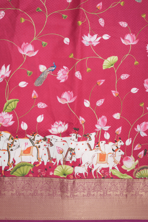 Floral Cow Printed Design Blush Red Kanchipuram Silk Saree