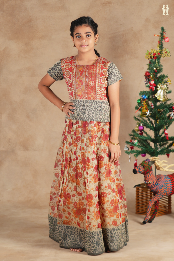 Floral Design Beige Kota Pavadai Sattai