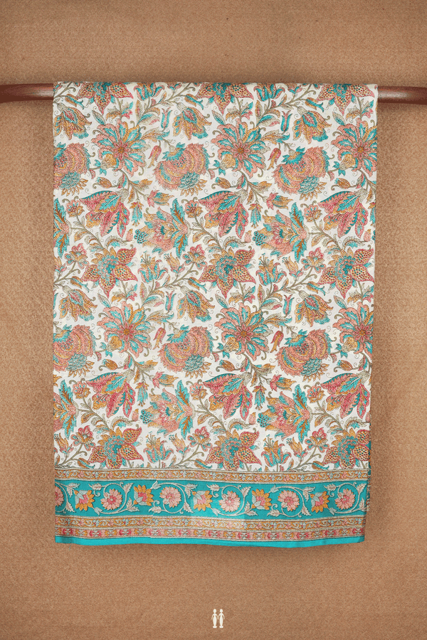 Floral Design Beige Printed Silk Saree