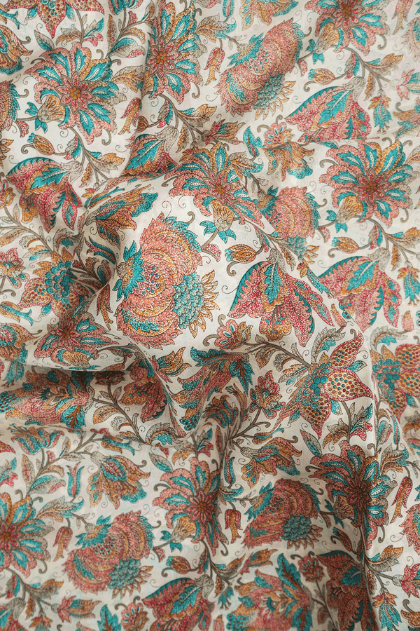 Floral Design Beige Printed Silk Saree