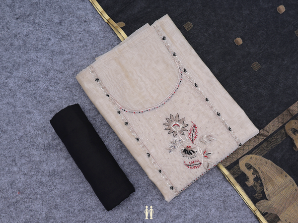 Floral Design Beige Silk Cotton Unstitched Salwar Material