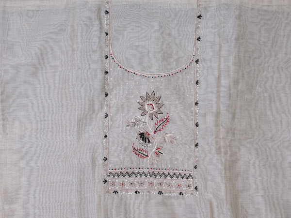 Floral Design Beige Silk Cotton Unstitched Salwar Material