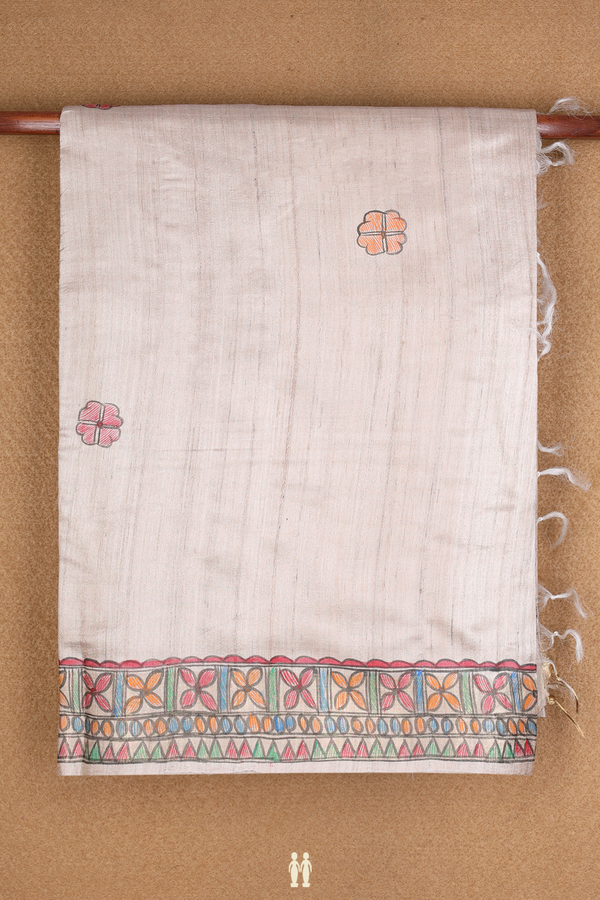 Floral Design Beige Tussar Madhubani Silk Saree