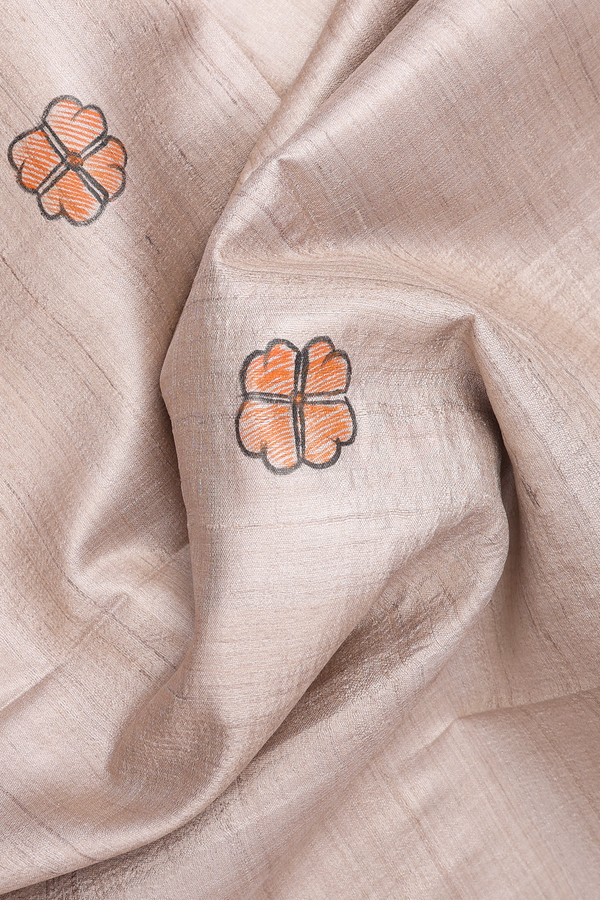 Floral Design Beige Tussar Madhubani Silk Saree