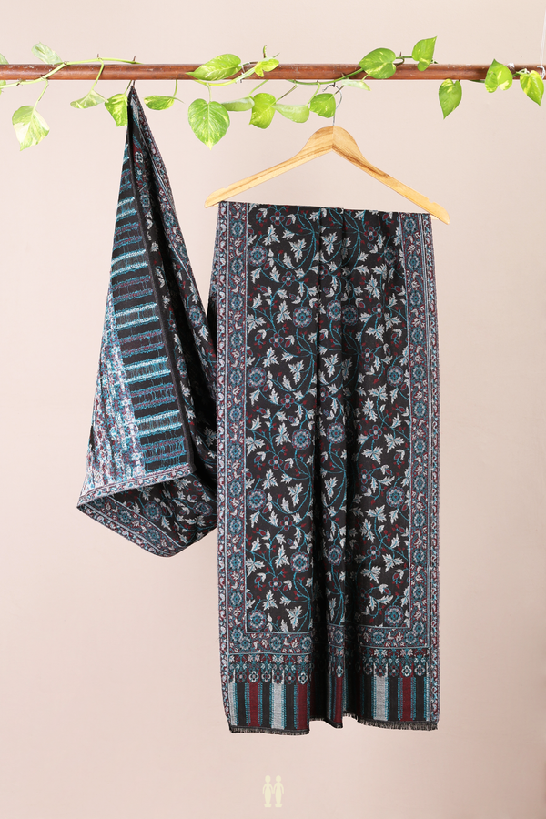 Floral Design Black Woolen Cotton Shawl