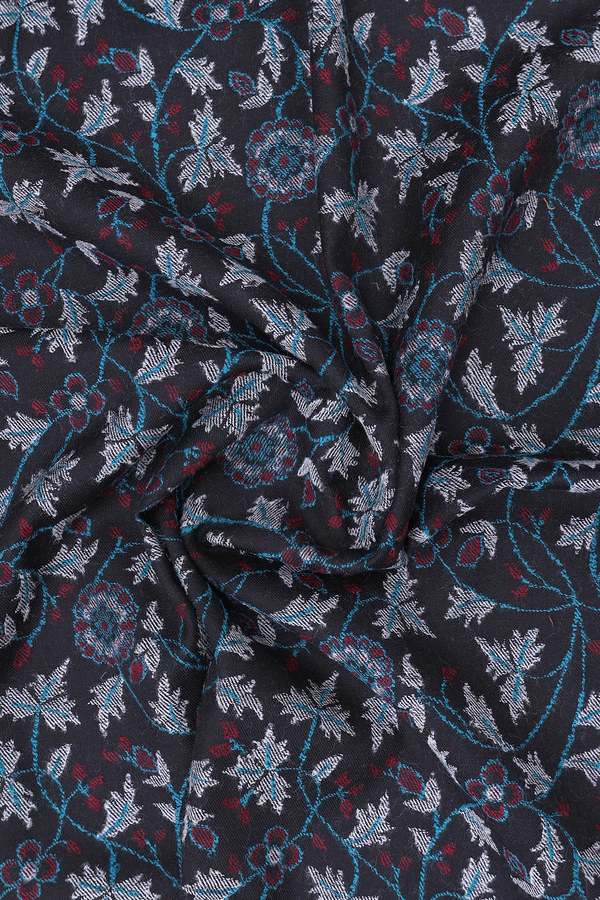 Floral Design Black Woolen Cotton Shawl