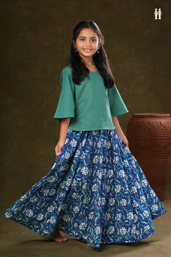 Floral Design Blue And Green Jaipur Cotton Top And Skirt Set