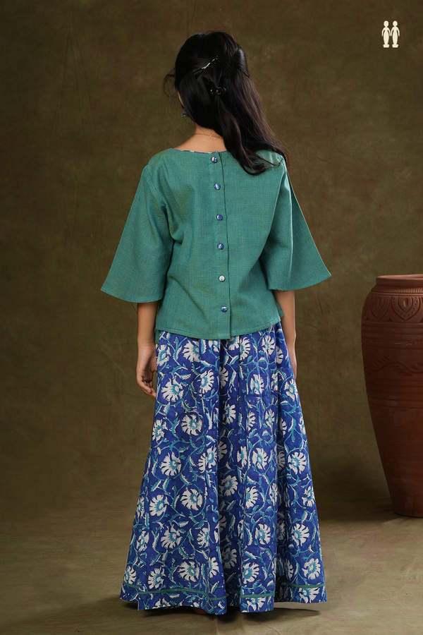 Floral Design Blue And Green Jaipur Cotton Top And Skirt Set