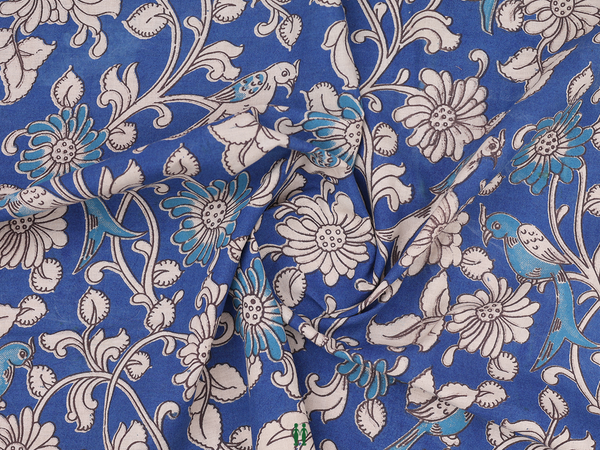 Floral Design Capri Blue Kalamkari Cotton Blouse Material