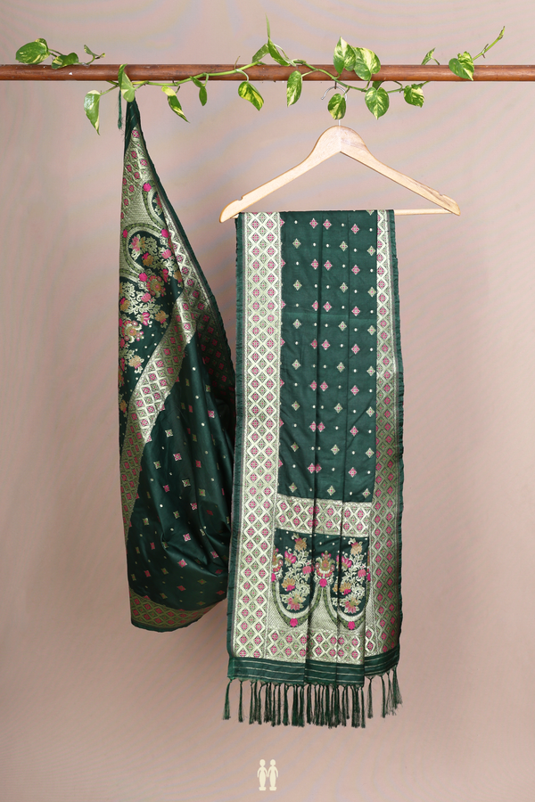 Floral Design Dark Green Semi Banarasi Silk Dupatta