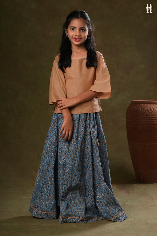 Floral Design Dusty Blue And Orange Cotton Top And Skirt Set