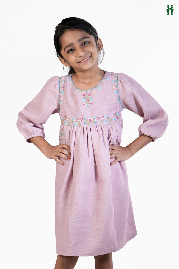 Round Neck Floral Design Dusty Purple Cotton Frock