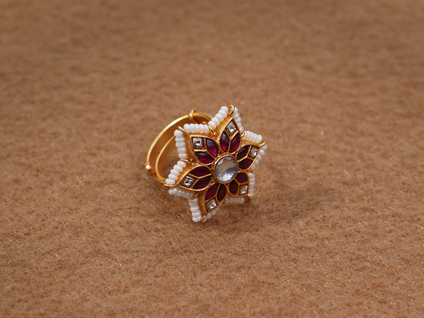 Floral Design Gold Plated Adjustable Silver Ring