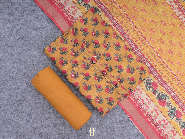 Floral Design Golden Brown Silk Cotton Salwar Material