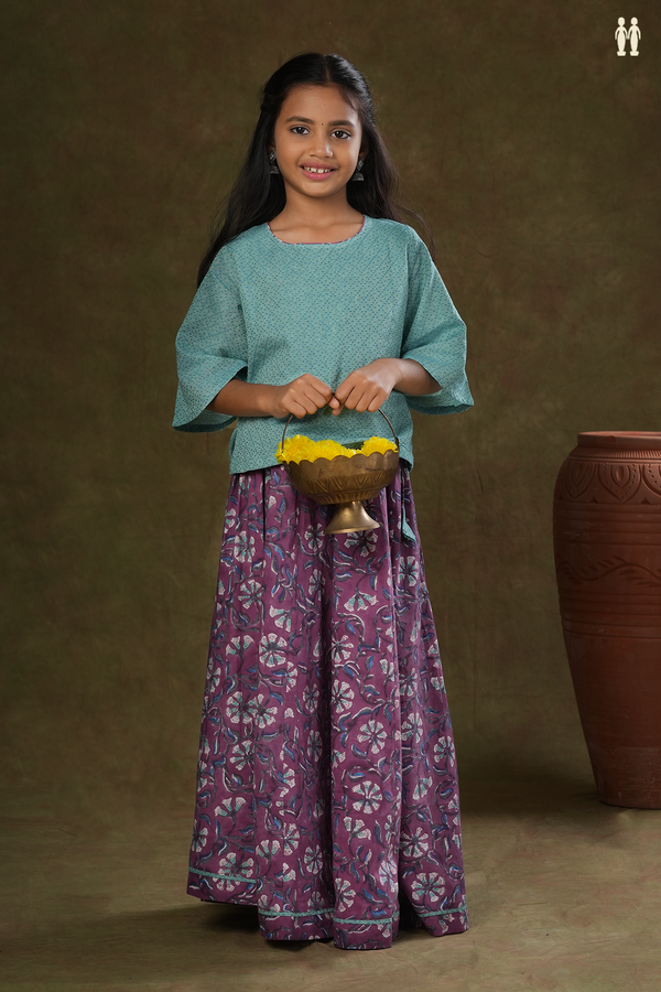 Floral Design Green And Purple Jaipur Cotton Top And Skirt Set