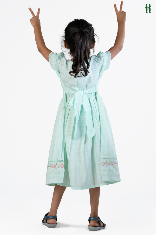 Round Neck Floral Design Green Cotton Frock